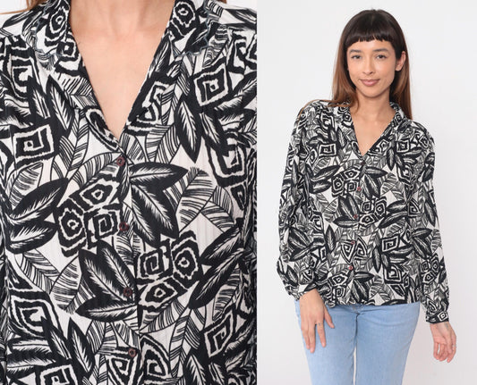 90s Black White Abstract Geometric Blouse Long Sleeve Button Front Large L