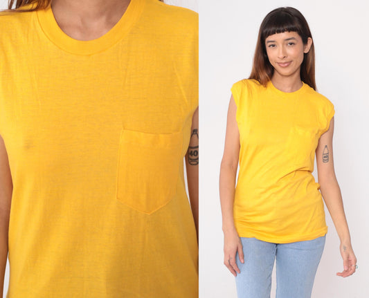 80s McGREGOR Yellow Muscle Tee Tank Top Chest Pocket Tunic Large L