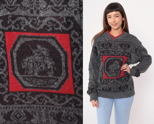 90s Tribal Pattern V-Neck Sweater Grey Red Wool Knit Small S
