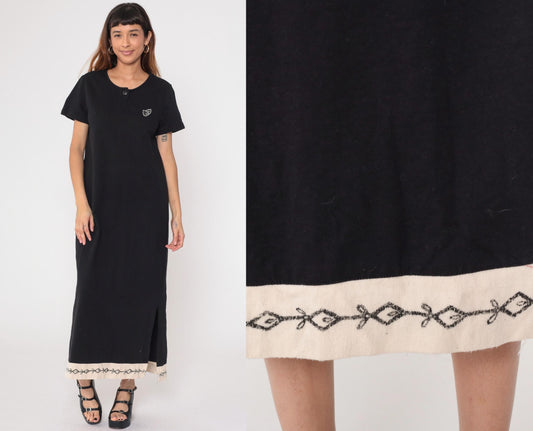90s Black Cotton Maxi Dress Short Sleeve Embroidered Contrast Hem Medium M