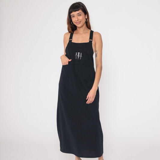 90s California Concepts Black Maxi Dress Stick Figure Embroidery Square Neck Medium Large
