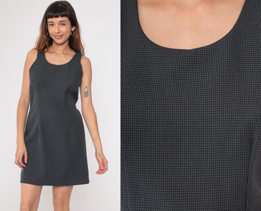90s Houndstooth Shift Dress Black Grey Scoop Neck Sleeveless Medium
