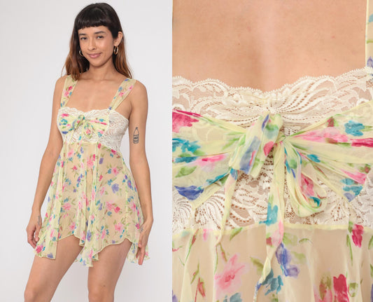 Y2K Victoria's Secret Floral Babydoll Mini Dress Pastel Lace Bow Small