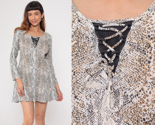 90s Snake Print Mini Dress Lace-Up Neckline Long Sleeve Grey Brown Medium