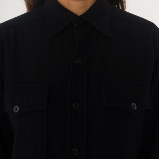 70s Dark Blue Wool CPO Shirt Button Front Pointed Collar Large