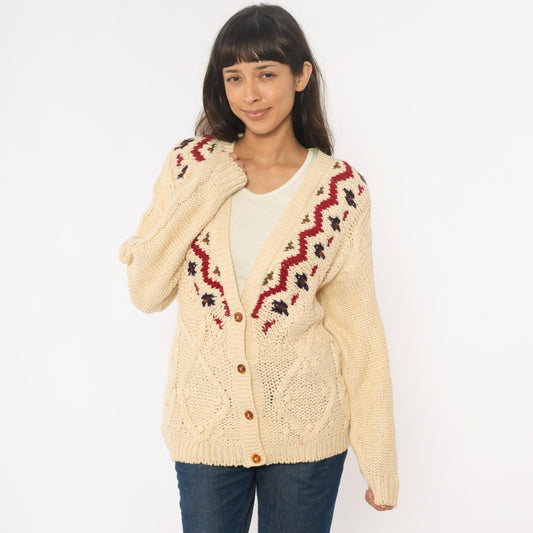 90s Fair Isle Cardigan Cream Cable Knit Button Front Nordic Pattern Medium M