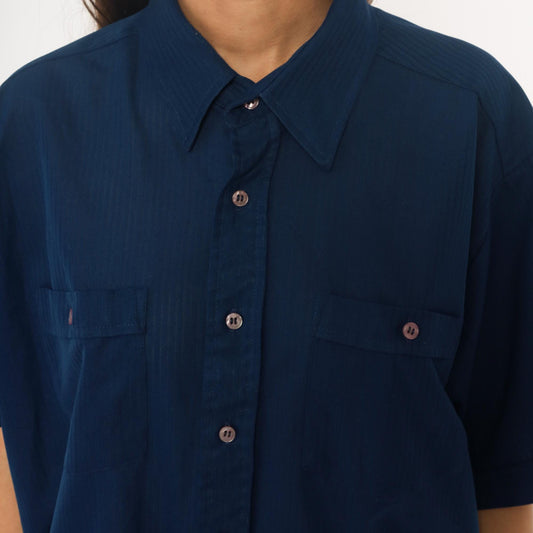 70s Navy Polyester Button-Up Shirt Short Sleeve Chest Pockets Extra Large