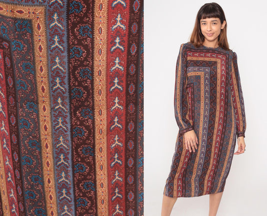 80s Leslie Fay Geometric Midi Dress Long Sleeve Burgundy Teal Medium