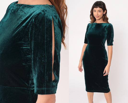 90s Style Camp Emerald Velvet Midi Dress Boat Neck Medium M