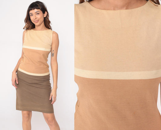 70s Striped Knit Dress Colorblock Cream Tan Brown Boat Neck Knee Length Medium