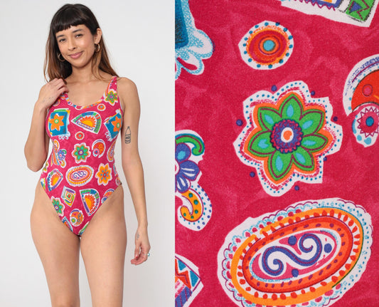 90s United Colors of Benetton One-Piece Swimsuit Pink Paisley Geometric Large L