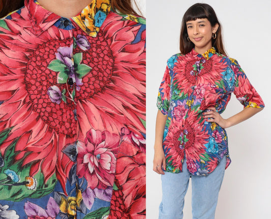 90s Floral Cotton Mandarin Collar Shirt Pink Dahlia Print Large L