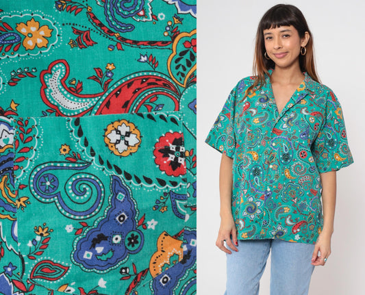 90s Hub Frankel Turquoise Paisley Button-Up Shirt Short Sleeve Large L