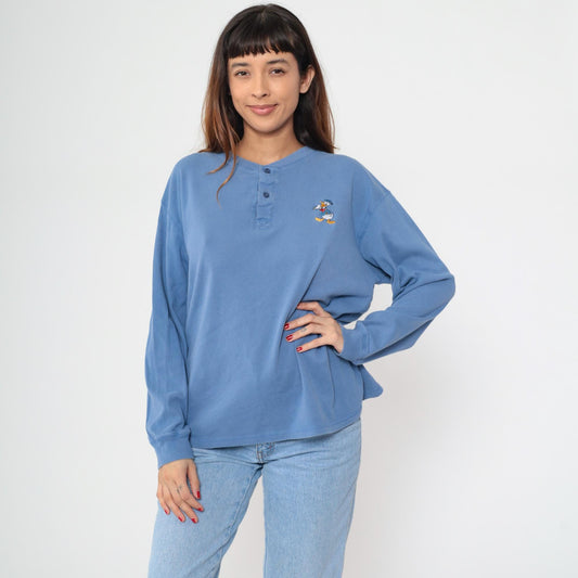 90s Donald Duck Henley Shirt Periwinkle Blue Embroidered Cotton Medium