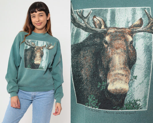 90s Moose Graphic Sweatshirt Sage Green Crewneck Pullover Large L