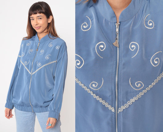 90s Silver Threads Powder Blue Bomber Jacket Spiral Embroidery Medium M