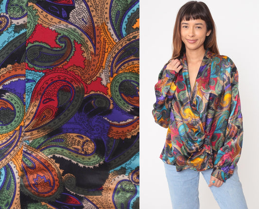 90s Nicola Paisley Wrap Blouse Multicolor Long Sleeve Large L
