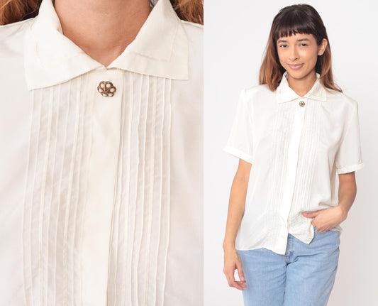 90s Casual Corner Cream Blouse Pointed Collar Pintuck Pleated Short Sleeve Medium