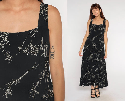 90s Black Maxi Dress White Floral Line Drawing Square Neck Sleeveless Medium M