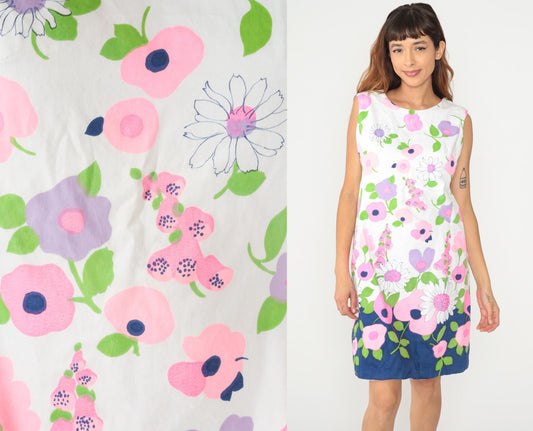 60s Floral Shift Dress Navy Daisy Pink Purple White Cotton Sleeveless Medium
