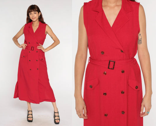 90s Sag Harbor Red Midi Dress Sleeveless Button Front Belted Notched Collar Large