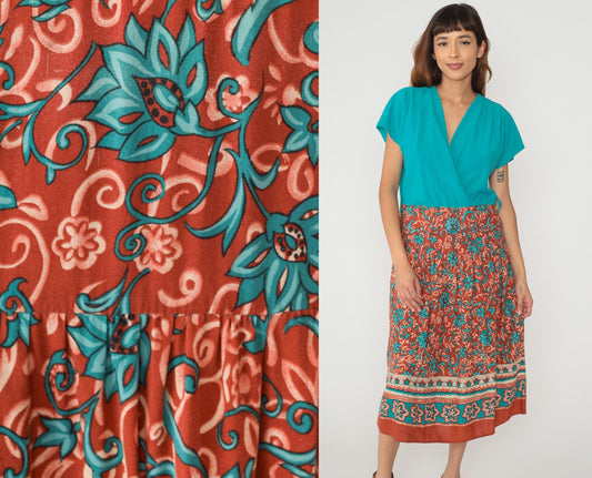 90s Caroline Wells Turquoise Floral Rayon Maxi Dress Short Sleeve Medium
