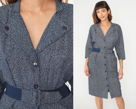 90s Wild Dress Navy Speckled Midi V-Neck Button Front Medium M