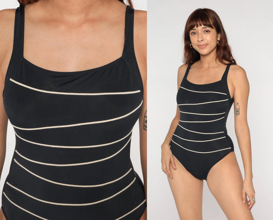 80s Black White Striped One-Piece Swimsuit Tank Straps Low Back Small Medium