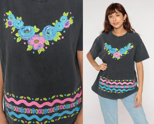 90s Jacques Moret Floral Cotton T-Shirt Blue Pink Roses Graphic Tee Large