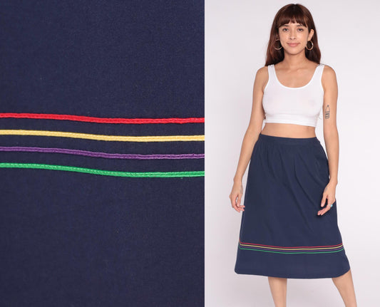 80s Navy A-Line Skirt Rainbow Striped Trim Elastic Waist Medium