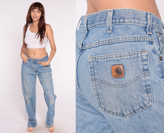 90s Carhartt Denim Jeans Light Blue Distressed Paint Splatter 34x34