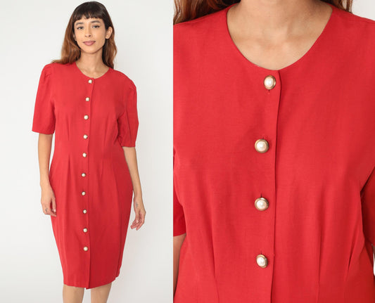 90s Caroline Wells Red Secretary Dress Pearl Buttons Short Sleeve Medium