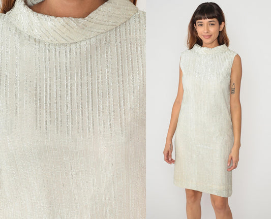 70s Fritzi of California Metallic Shift Dress Cream Collar Sleeveless Small