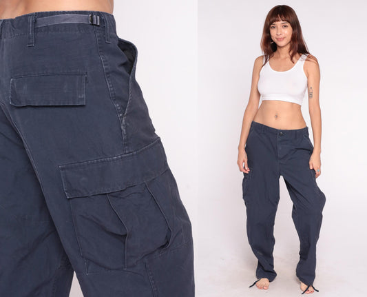Y2K Navy Cargo Pants Straight Leg Drawstring Utility Pockets Medium