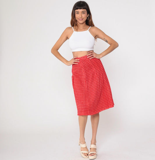 80s Red A-Line Mini Skirt Chinese Character Print High Waist Extra Small