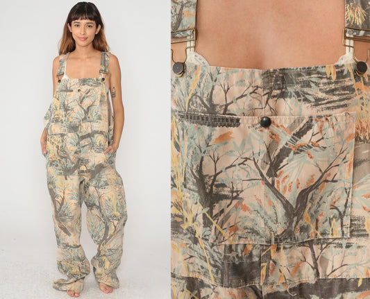 90s Everywear West Nature Print Overalls Wide Leg Beige XL