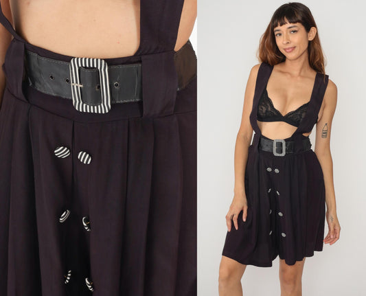 80s Black Romper Knee-Length Geometric Print Belted Shorts Small S