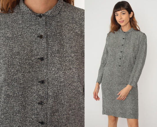 80s Claire Barrat Black White Tweed Shirt Dress Knee Length Collared Large