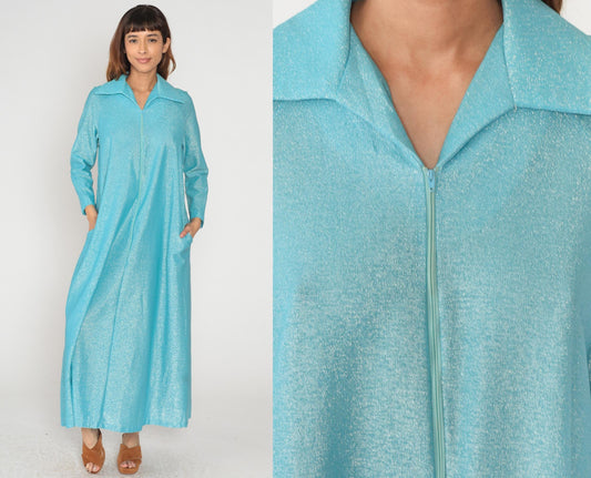 70s Aristique Turquoise Metallic Maxi Robe Zip Front Collared Loungewear Large L