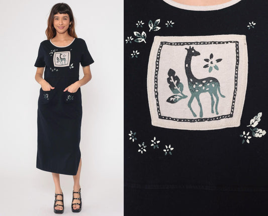 90s Black Cotton Giraffe Appliqué Midi Dress Embroidered Floral Medium M