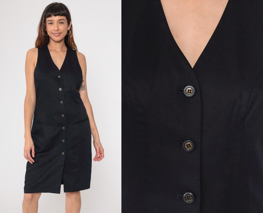 90s Valerie Stevens Black Button-Front V-Neck Knee-Length Shift Dress Medium