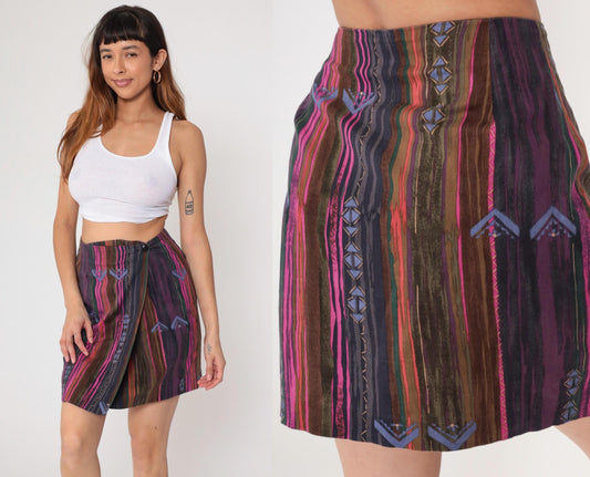 90s Fox & Hound Striped Cotton Mini Wrap Skirt Geometric Purple Pink Medium