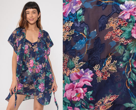 90s Navy Floral Kimono Robe Pink Purple Blue Green Flowers Wrap Tie Lingerie Large