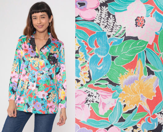 80s Vanity Fair Tropical Floral Button-Up Blouse Pink Purple Turquoise Medium