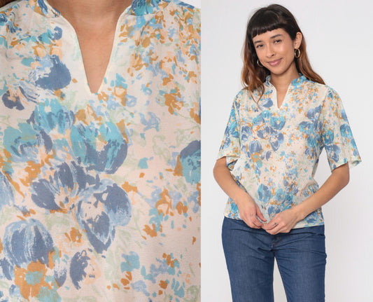 70s Floral Blouse Watercolor Print Blue Cream Sage Mandarin Collar Medium M