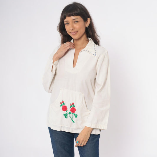 70s Cream Embroidered Rose Tunic Cotton Peasant Blouse Medium M