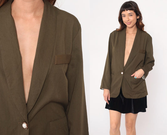 90s Olive Green Blazer Single Button Shawl Collar Jacket Medium M
