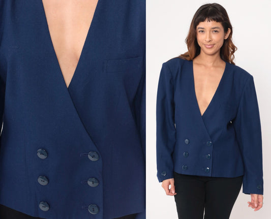 80s Saks Fifth Avenue Navy Wool Blazer Double Breasted Cropped Jacket Large L