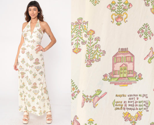 70s White Halter Maxi Dress Novelty Print Open Back Empire Waist Medium