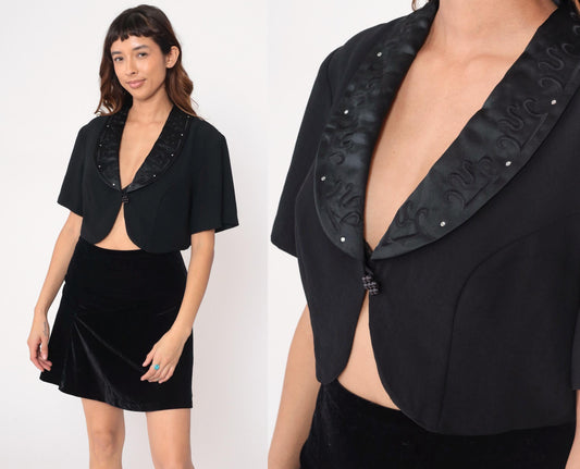 90s Black Rhinestone Bolero Jacket Cropped Satin Collar Short Sleeve Large L